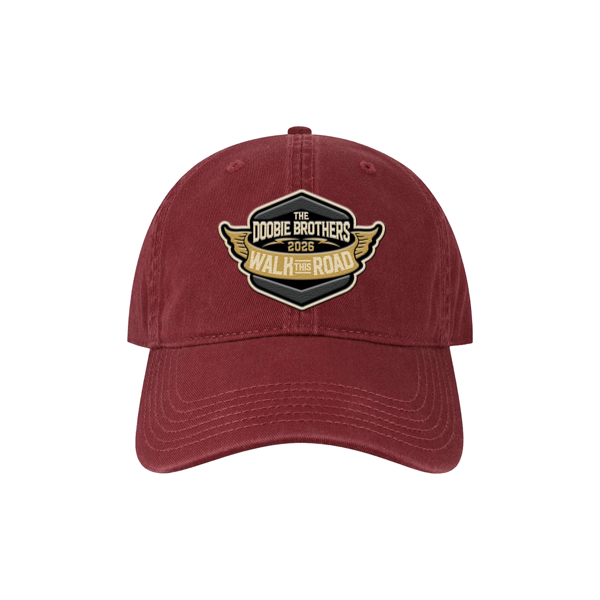 Burgandy red dad hat with "The Doobie Brothers 2026 Walk This Road" embroidered graphic