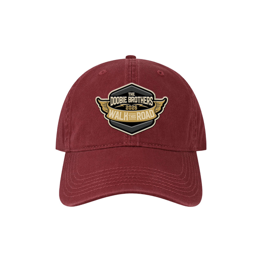 Burgandy red dad hat with "The Doobie Brothers 2026 Walk This Road" embroidered graphic