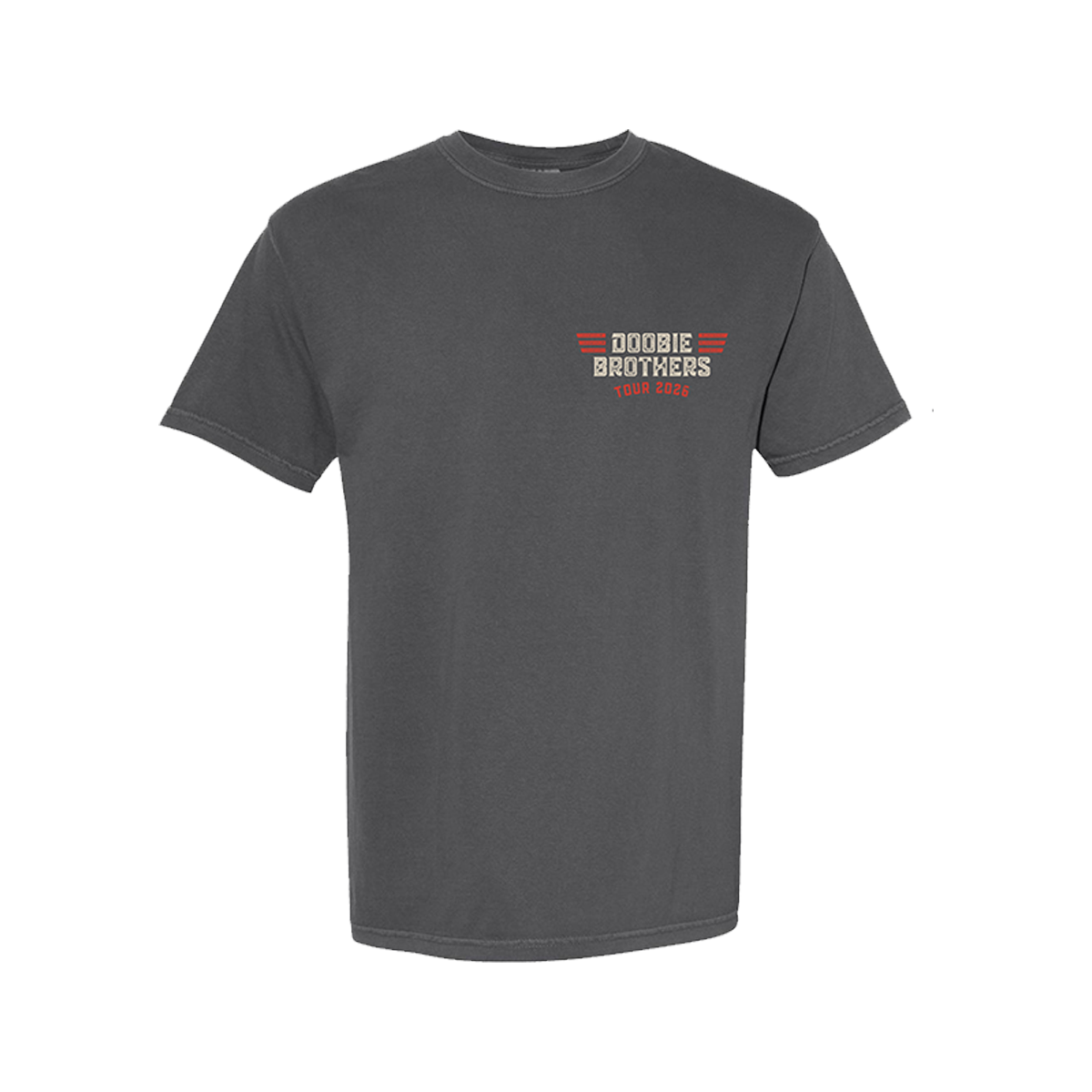 Gray t-shirt with 'Dobie Brothers' logo and Tour 2026 text on the right side of chest